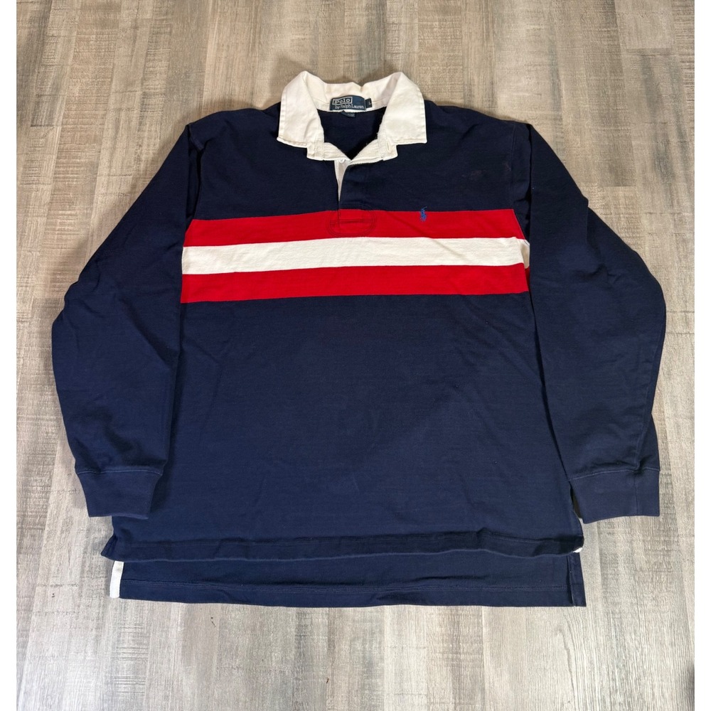 Polo Ralph Lauren Mens Rugby Shirt Large Blue Red White Stripe Color Block L/S